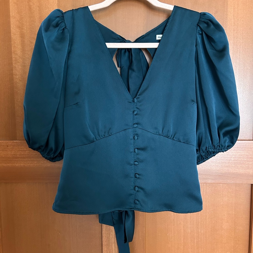 Abercrombie & Fitch Green Puff Sleeve Blouse with Tie Front